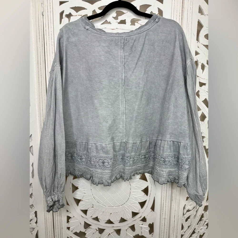 Pilcro Cropped Babydoll Blue/Gray Ruffle Sweatshirt - Picture 3 of 7